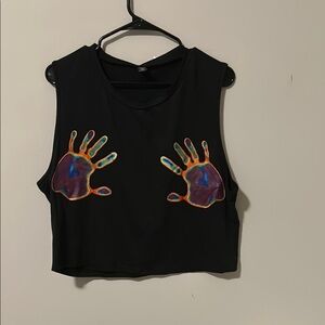 Black Crop Top with Colorful Handprint Design